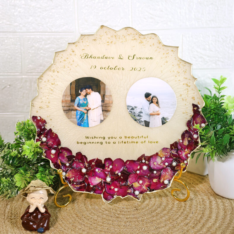 Golden Petal Bliss Resin Frame – Personalized Wedding Gift